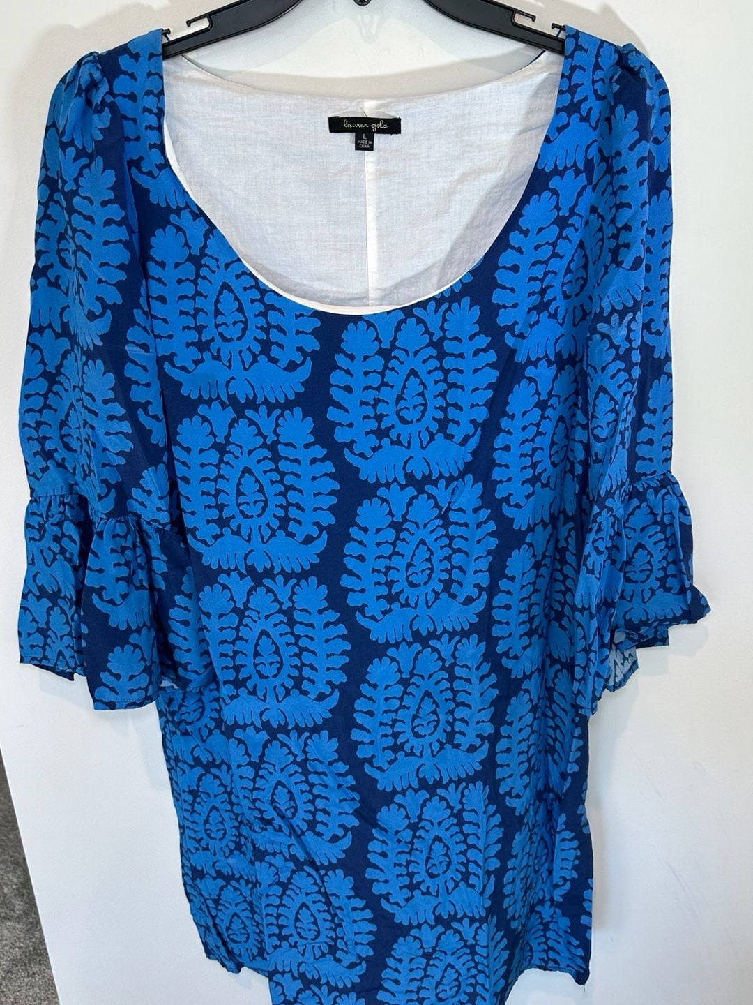 100% Silk Lauren Gold Silk Dress Size L Blue Paisley Bell Sleeve 7