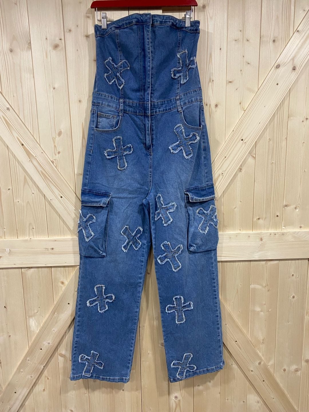 New!!Denim Cross Patch Strapless Jumpsuit Cargo Pants size large 2