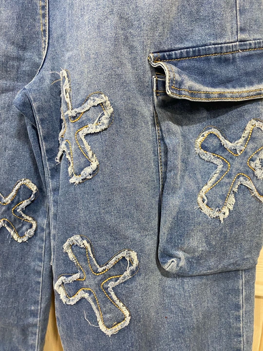 New!!Denim Cross Patch Strapless Jumpsuit Cargo Pants size large 4