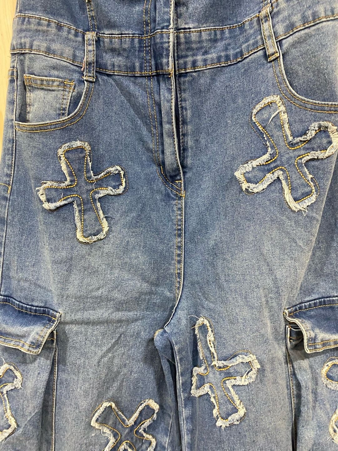 New!!Denim Cross Patch Strapless Jumpsuit Cargo Pants size large 5