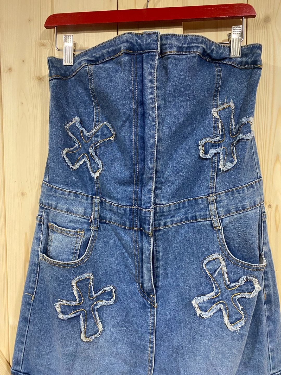 New!!Denim Cross Patch Strapless Jumpsuit Cargo Pants size large 6