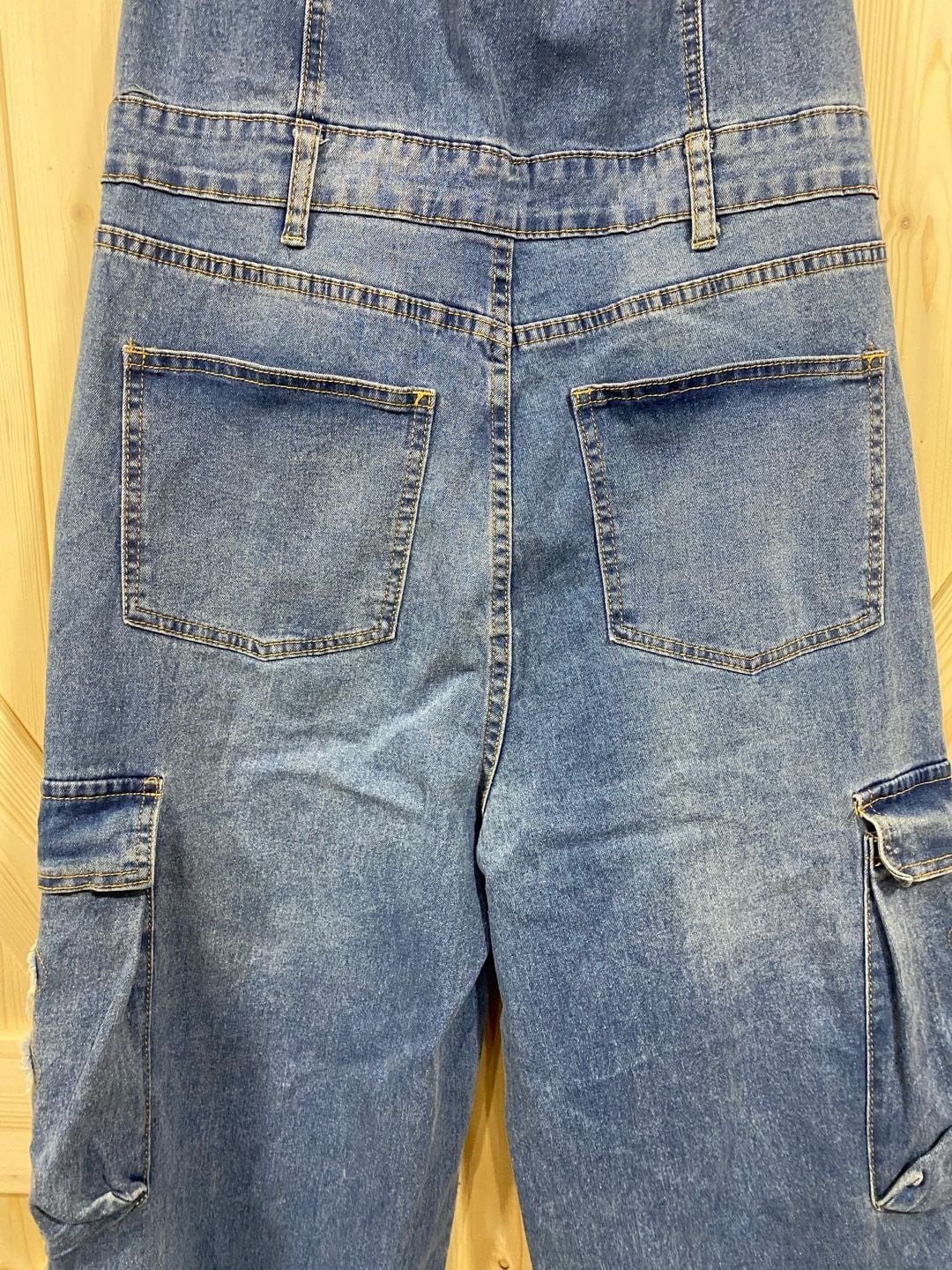 New!!Denim Cross Patch Strapless Jumpsuit Cargo Pants size large 8