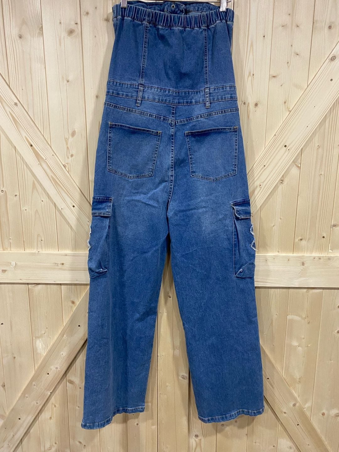 New!!Denim Cross Patch Strapless Jumpsuit Cargo Pants size large 9