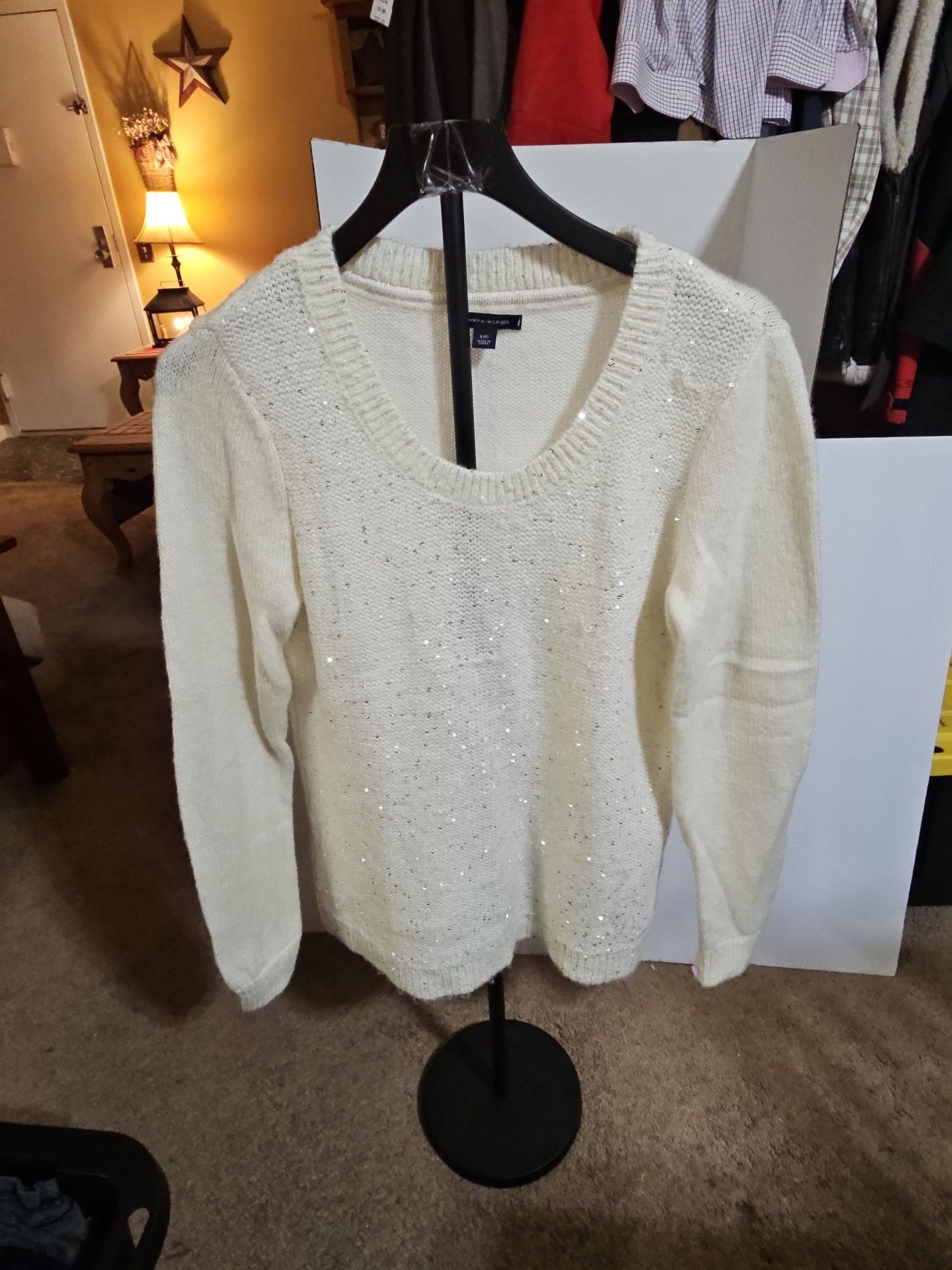Tommy Hilfiger Sequin Sweater Size L White Long Sleeve Scoop Neck 2