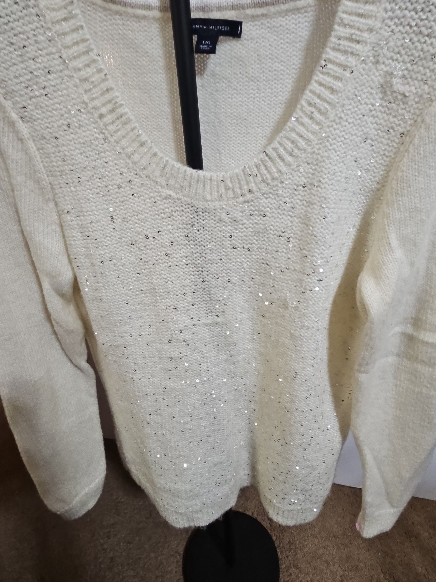 Tommy Hilfiger Sequin Sweater Size L White Long Sleeve Scoop Neck 3