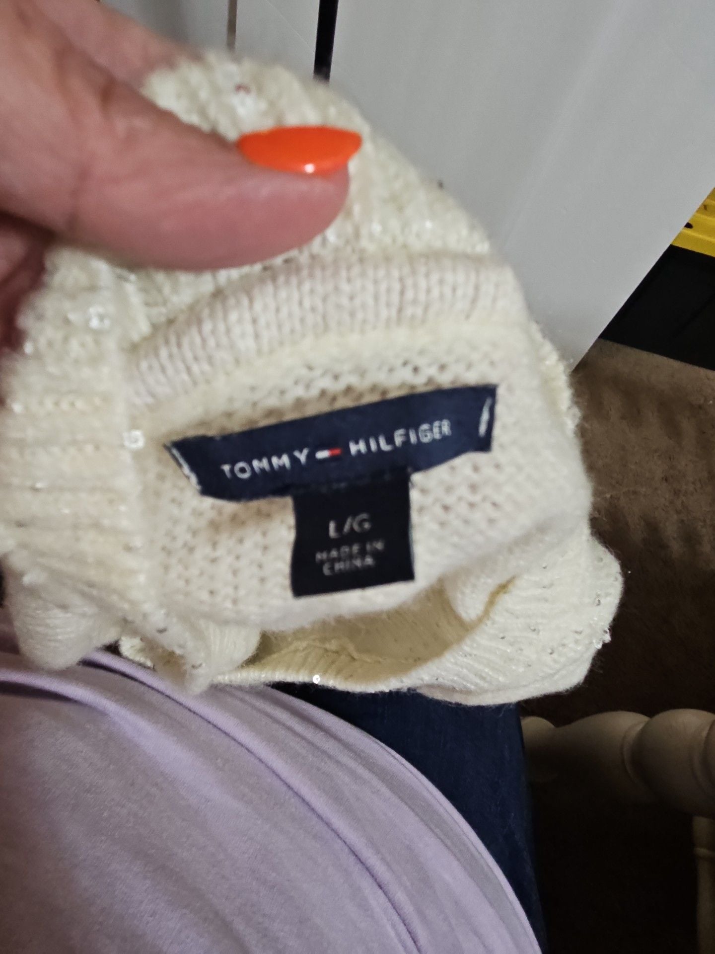 Tommy Hilfiger Sequin Sweater Size L White Long Sleeve Scoop Neck 5