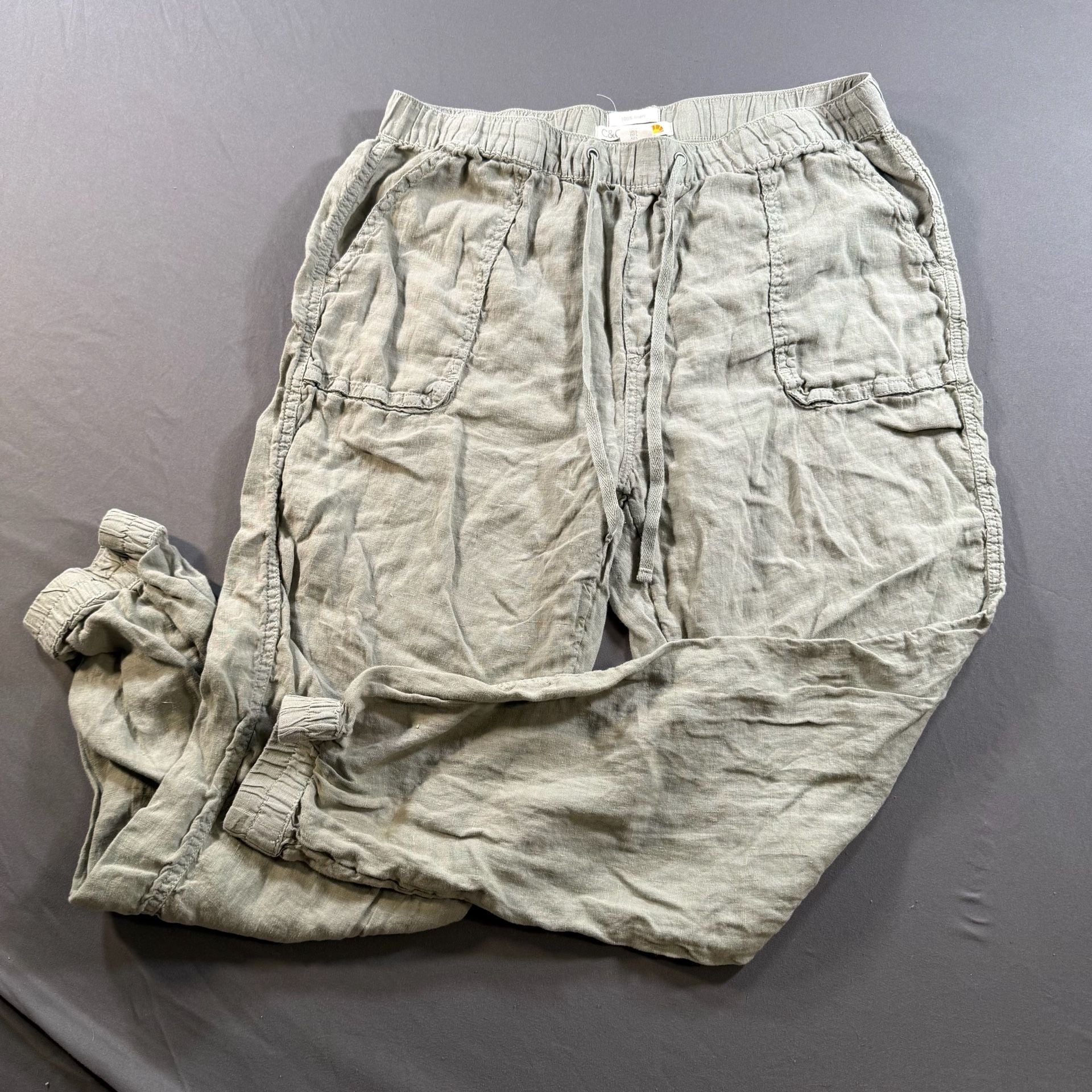 C&C California Women's Large Sage Green 100% Linen Cargo Jogger Pants 1