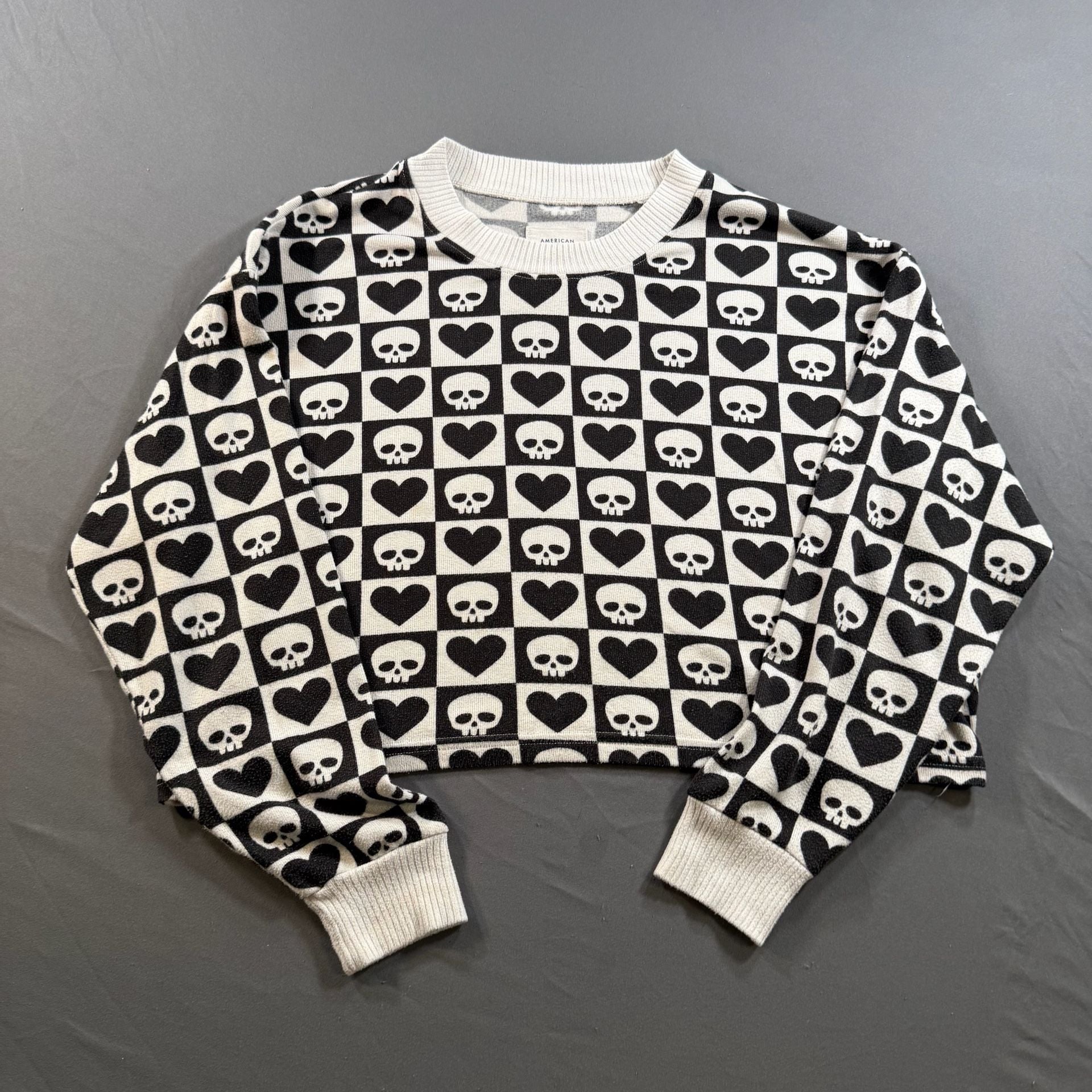 American Eagle AE Lounge Skull Heart Checkerboard Cropped Sweater XS Goth 2