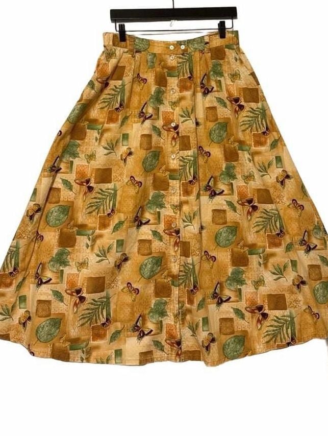 Vintage Butterfly Leaf Print Button Front Midi Skirt 3