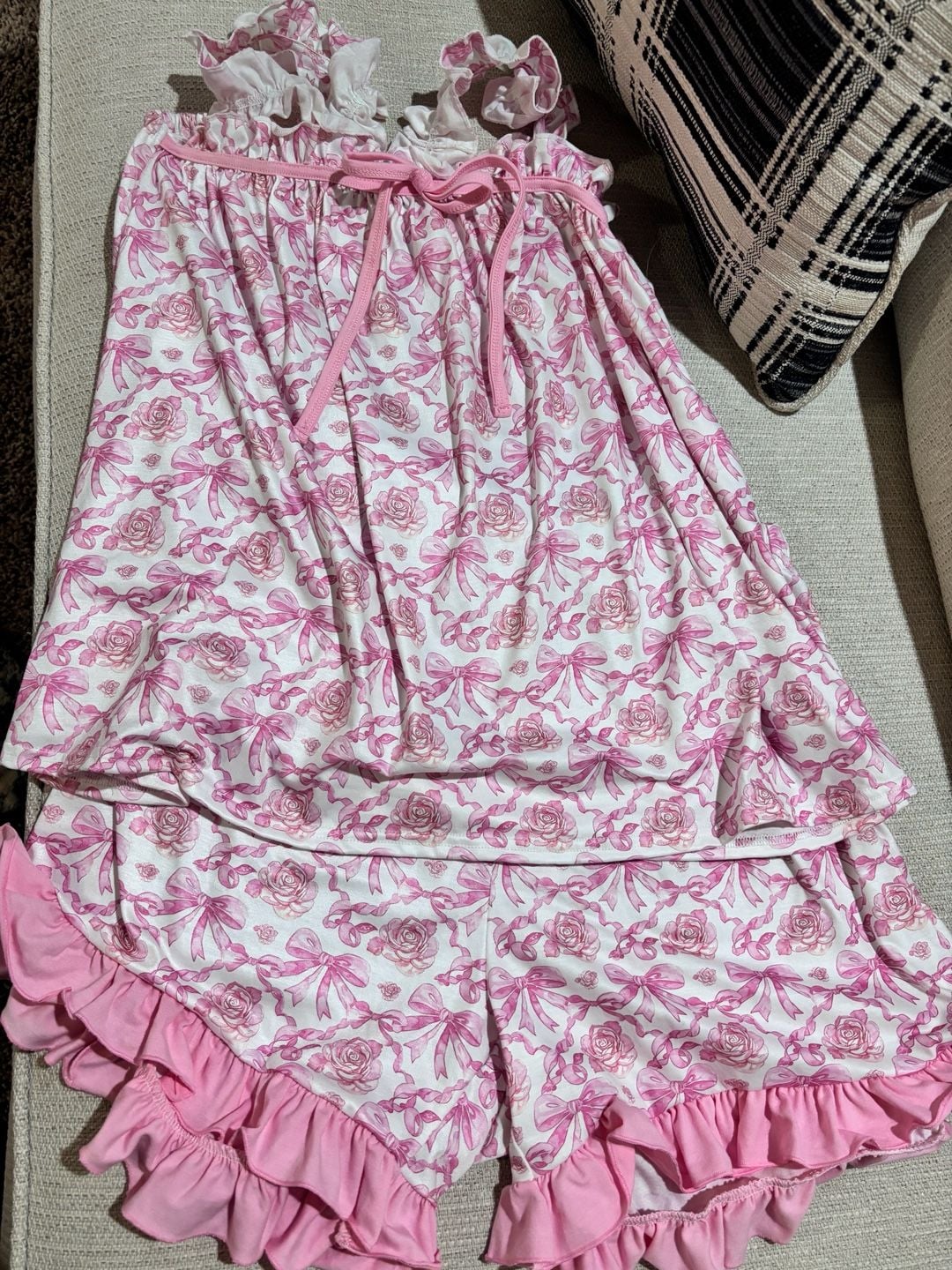 Abby & Erie Pajama Set Size M Pink Rose Bow Ruffle Tank Shorts 1