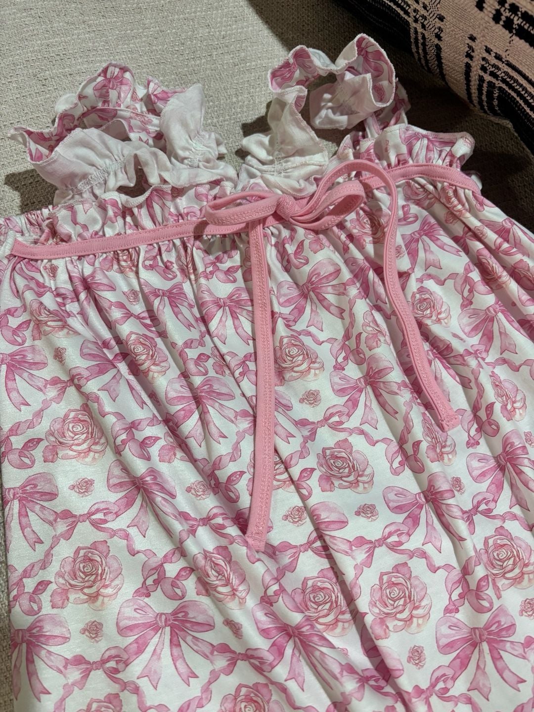 Abby & Erie Pajama Set Size M Pink Rose Bow Ruffle Tank Shorts 2