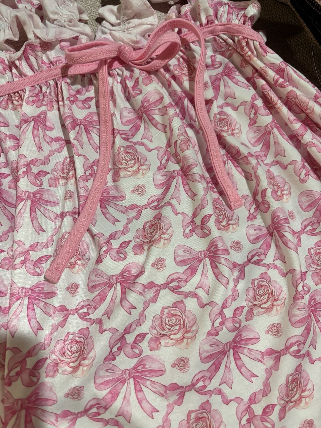 Abby & Erie Pajama Set Size M Pink Rose Bow Ruffle Tank Shorts 5