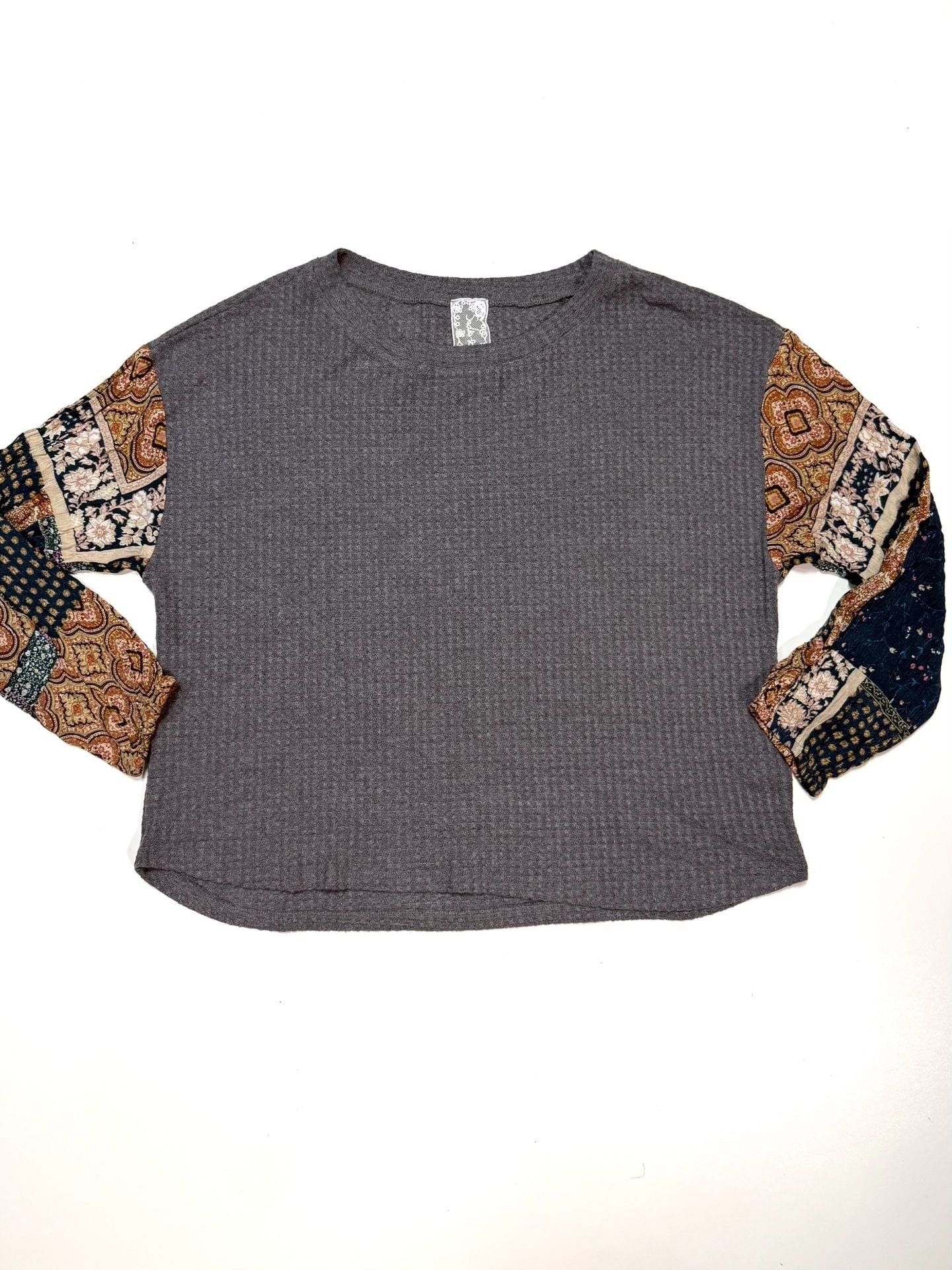 Sadie & Sage Women's Top S Boho Western Cottagecore Cowgirl Patchwork Gray Waffle Knit Thermal Paisley Floral Mixed Print Rayon Sleeves Long Sleeve Crew Neck Lace Patch Boxy Oversized 2