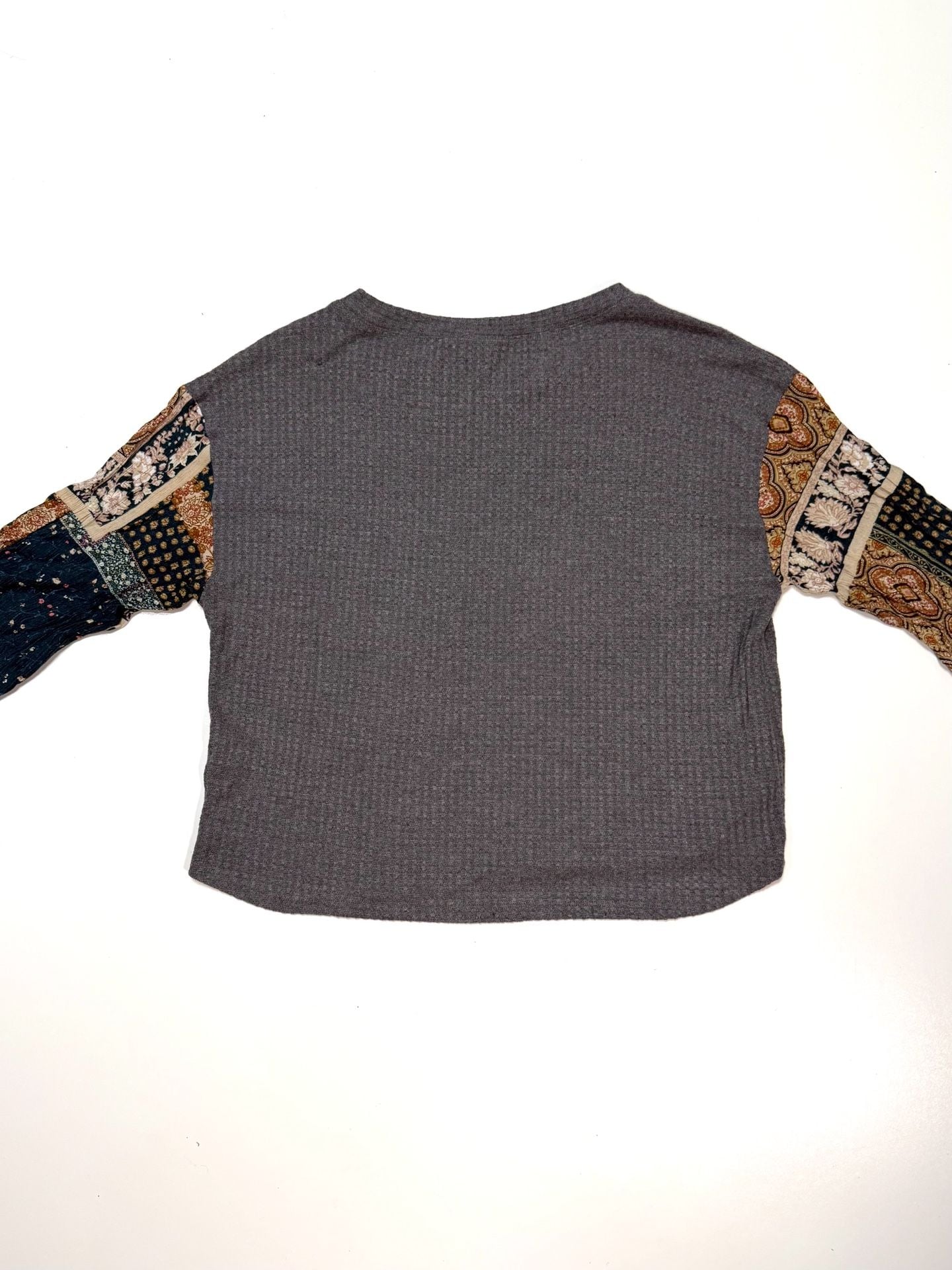 Sadie & Sage Women's Top S Boho Western Cottagecore Cowgirl Patchwork Gray Waffle Knit Thermal Paisley Floral Mixed Print Rayon Sleeves Long Sleeve Crew Neck Lace Patch Boxy Oversized 3