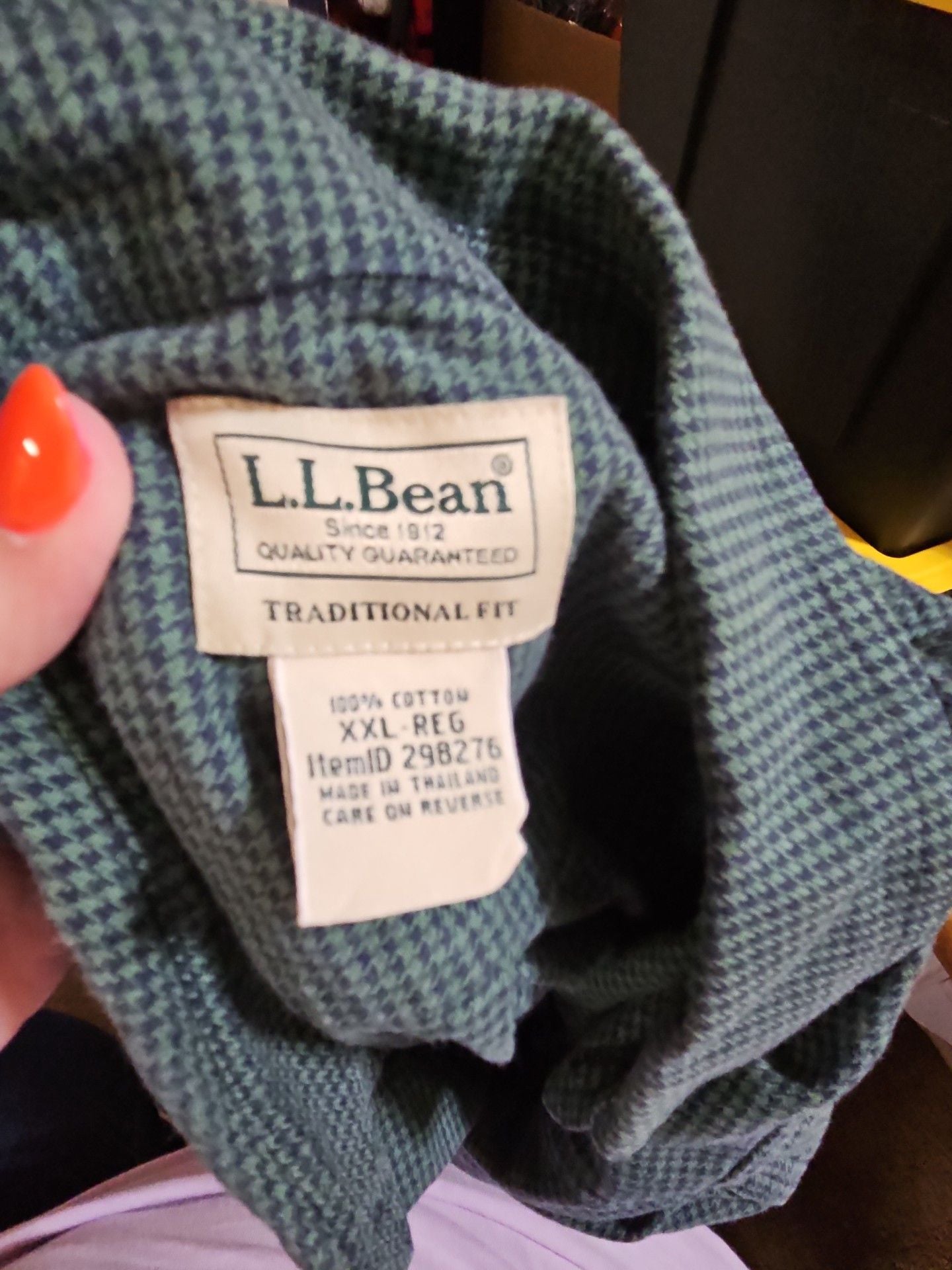 L.L. Bean Button-Down Shirt XXL-Reg Green Houndstooth Cotton 3