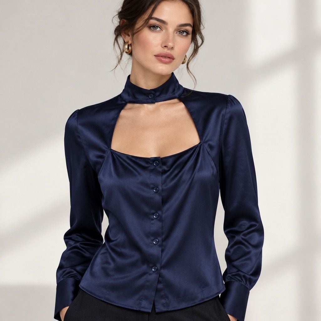 Fleur Du Mal Silk Choker Blouse Size 2 Navy Blue Long Sleeve Top 2
