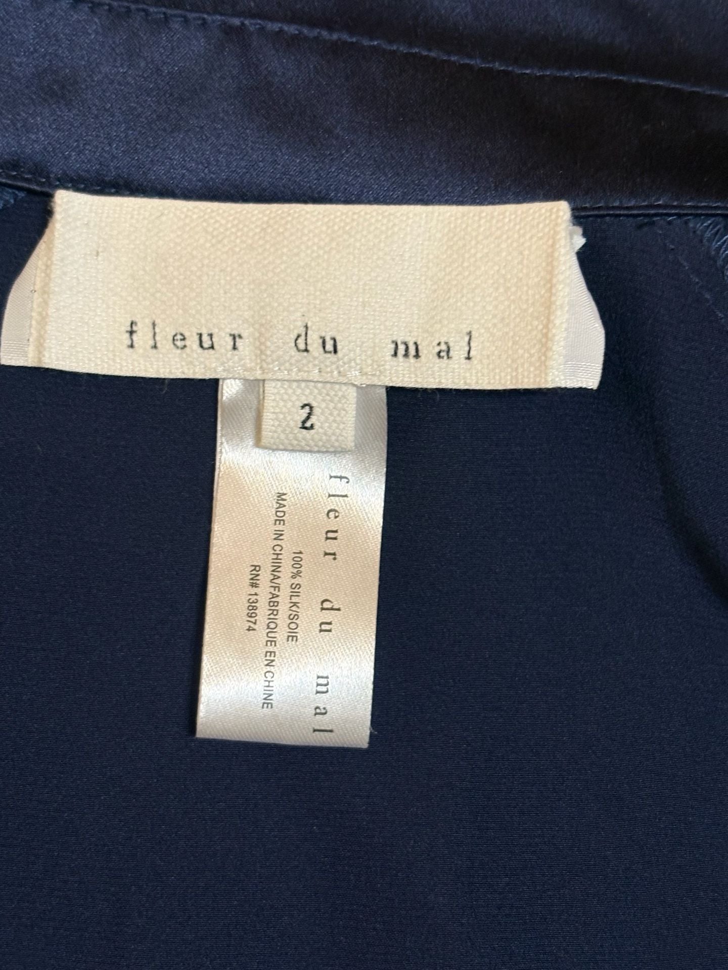 Fleur Du Mal Silk Choker Blouse Size 2 Navy Blue Long Sleeve Top 3