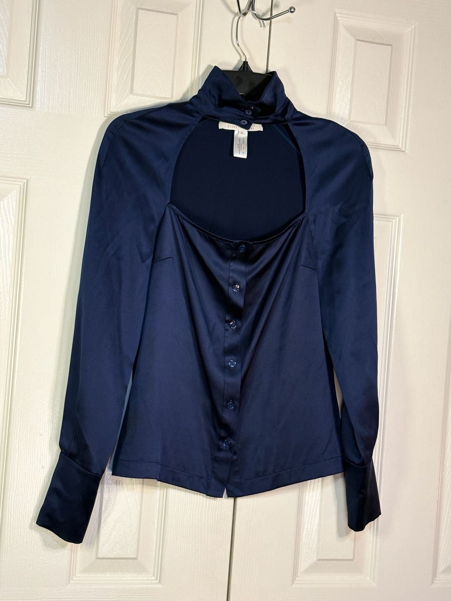 Fleur Du Mal Silk Choker Blouse Size 2 Navy Blue Long Sleeve Top 7