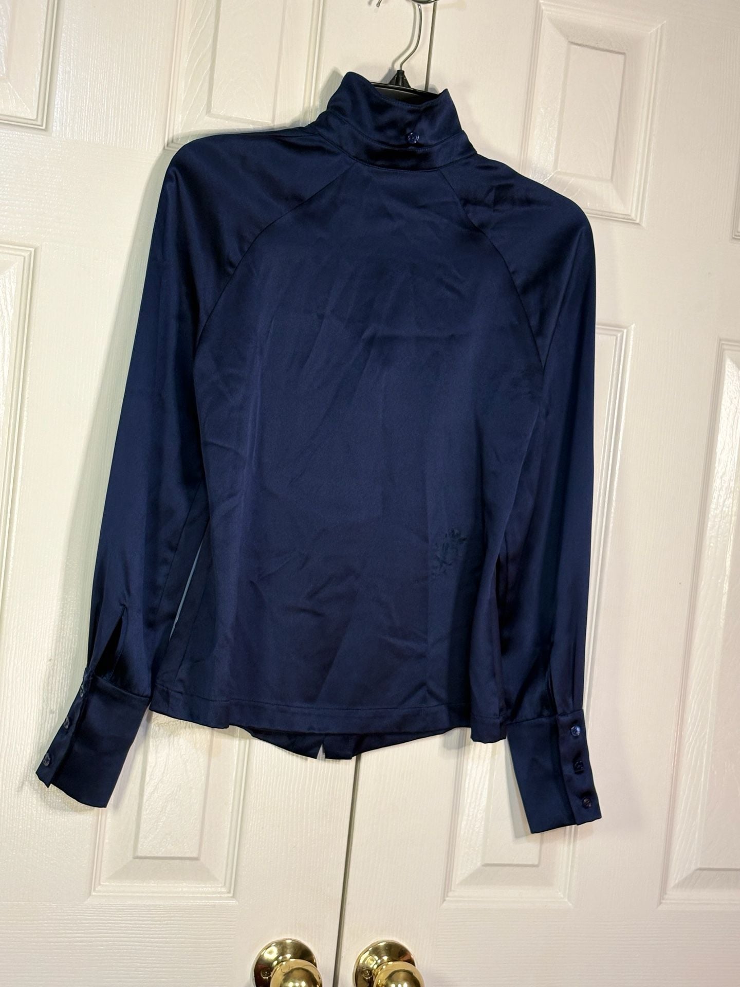 Fleur Du Mal Silk Choker Blouse Size 2 Navy Blue Long Sleeve Top 4