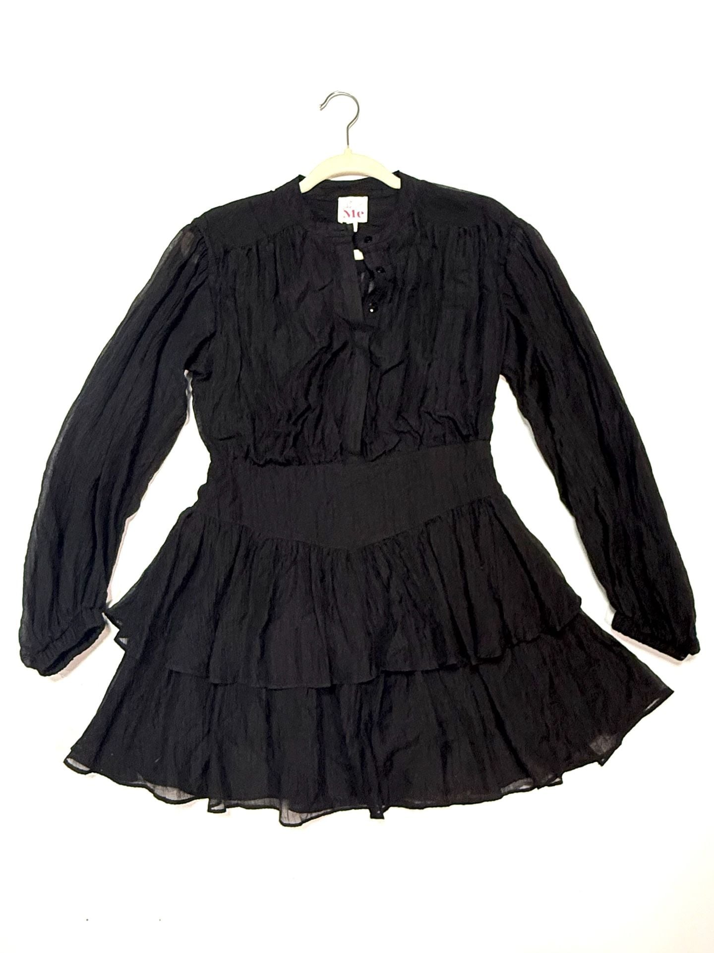 So Me Women's Dress S Whimsigoth Coquette Fairycore Gothic Cottagecore Black Tiered Ruffle Mini Puff Sleeve Sheer Crinkle Tencel Button Front Long Sleeve Lined Babydoll 2