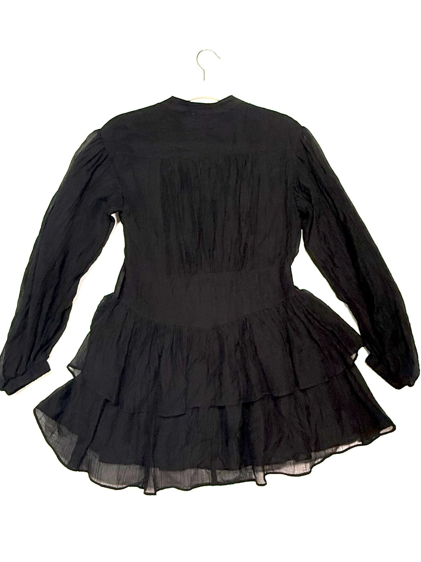 So Me Women's Dress S Whimsigoth Coquette Fairycore Gothic Cottagecore Black Tiered Ruffle Mini Puff Sleeve Sheer Crinkle Tencel Button Front Long Sleeve Lined Babydoll 3