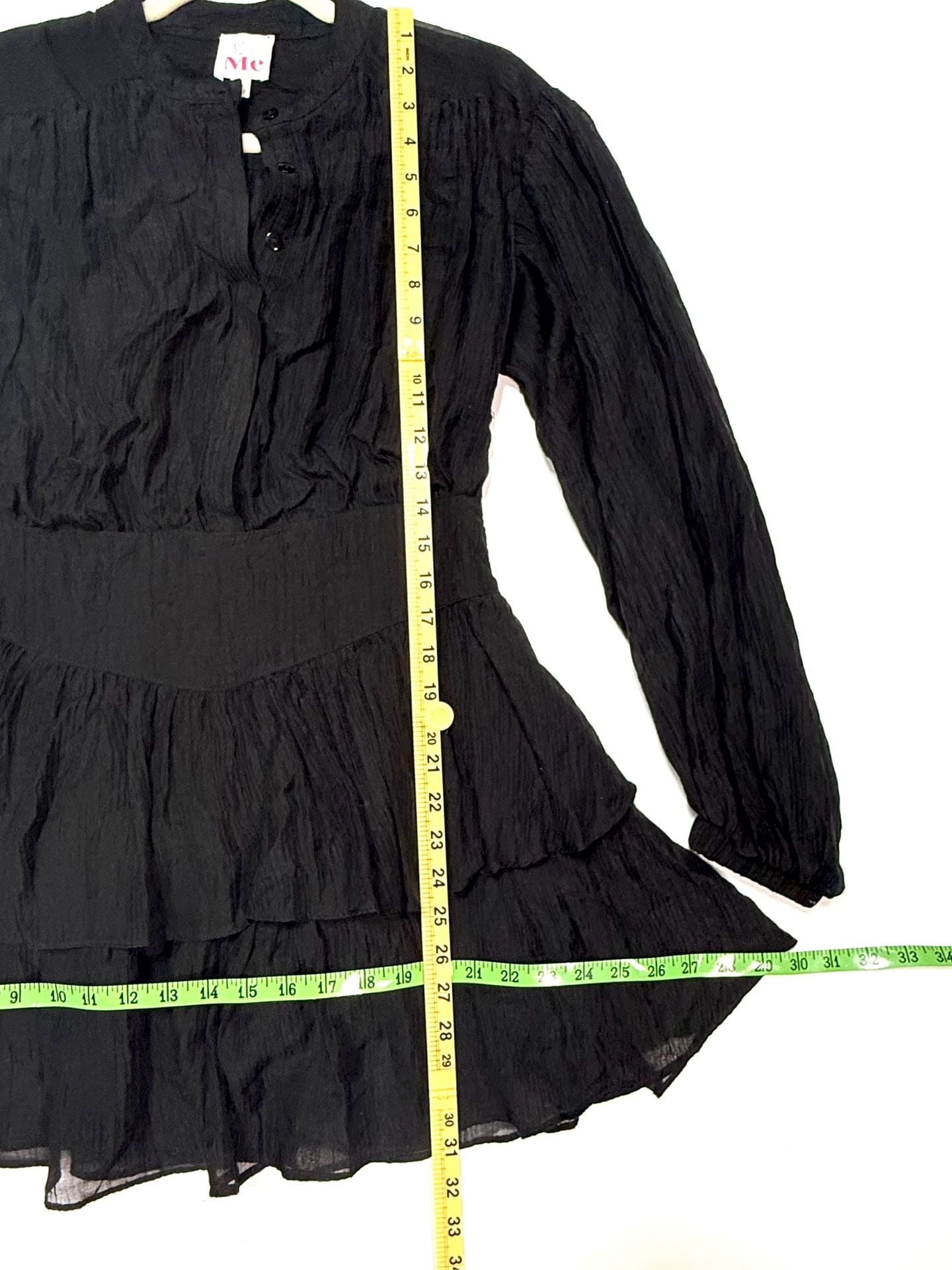 So Me Women's Dress S Whimsigoth Coquette Fairycore Gothic Cottagecore Black Tiered Ruffle Mini Puff Sleeve Sheer Crinkle Tencel Button Front Long Sleeve Lined Babydoll 4
