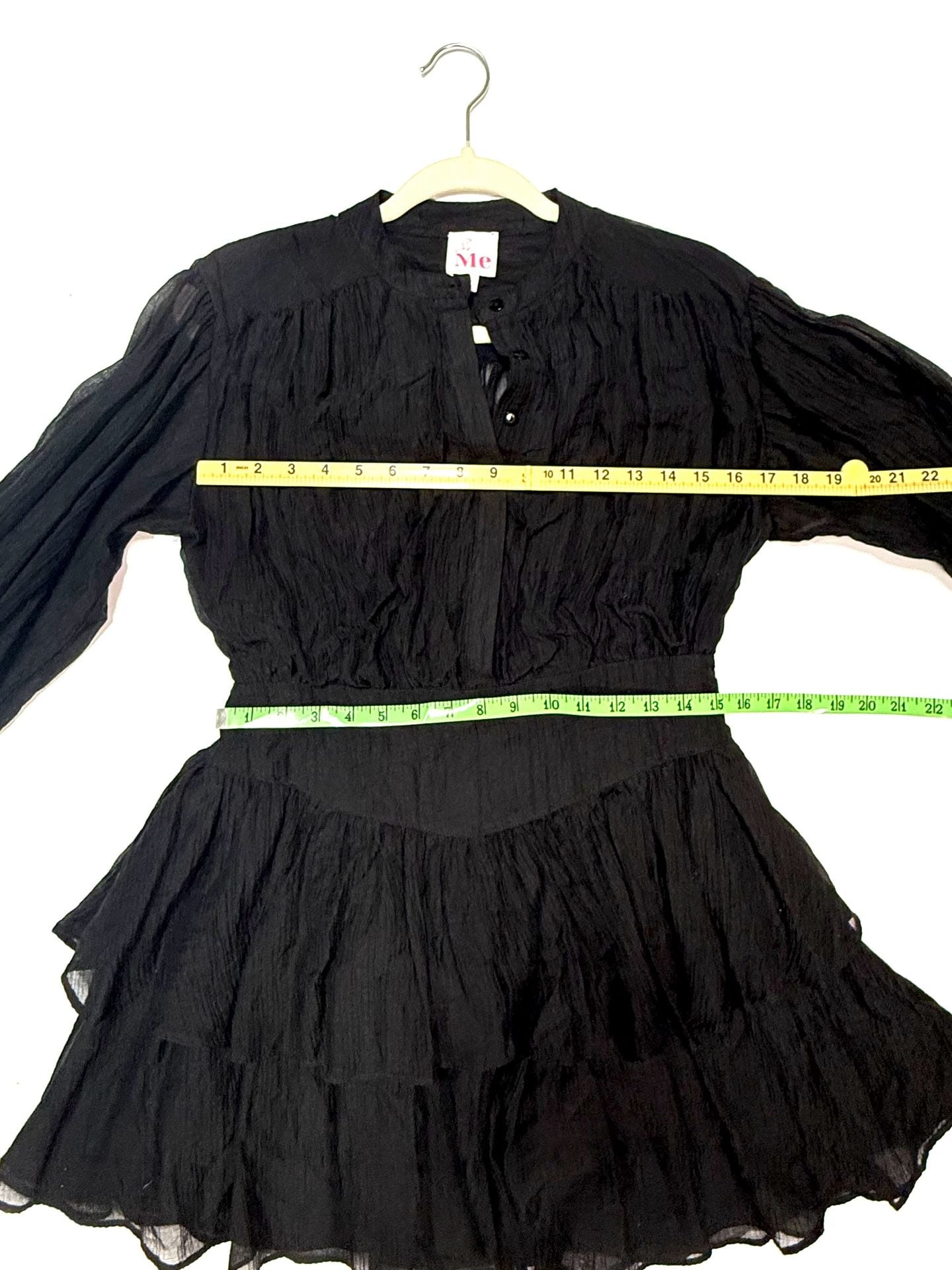 So Me Women's Dress S Whimsigoth Coquette Fairycore Gothic Cottagecore Black Tiered Ruffle Mini Puff Sleeve Sheer Crinkle Tencel Button Front Long Sleeve Lined Babydoll 5