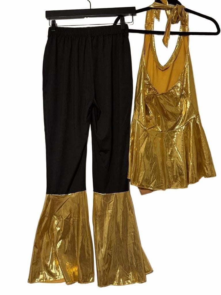 Metallic Gold And Black Disco Halter Top And Bell Bottom Pants Set 4