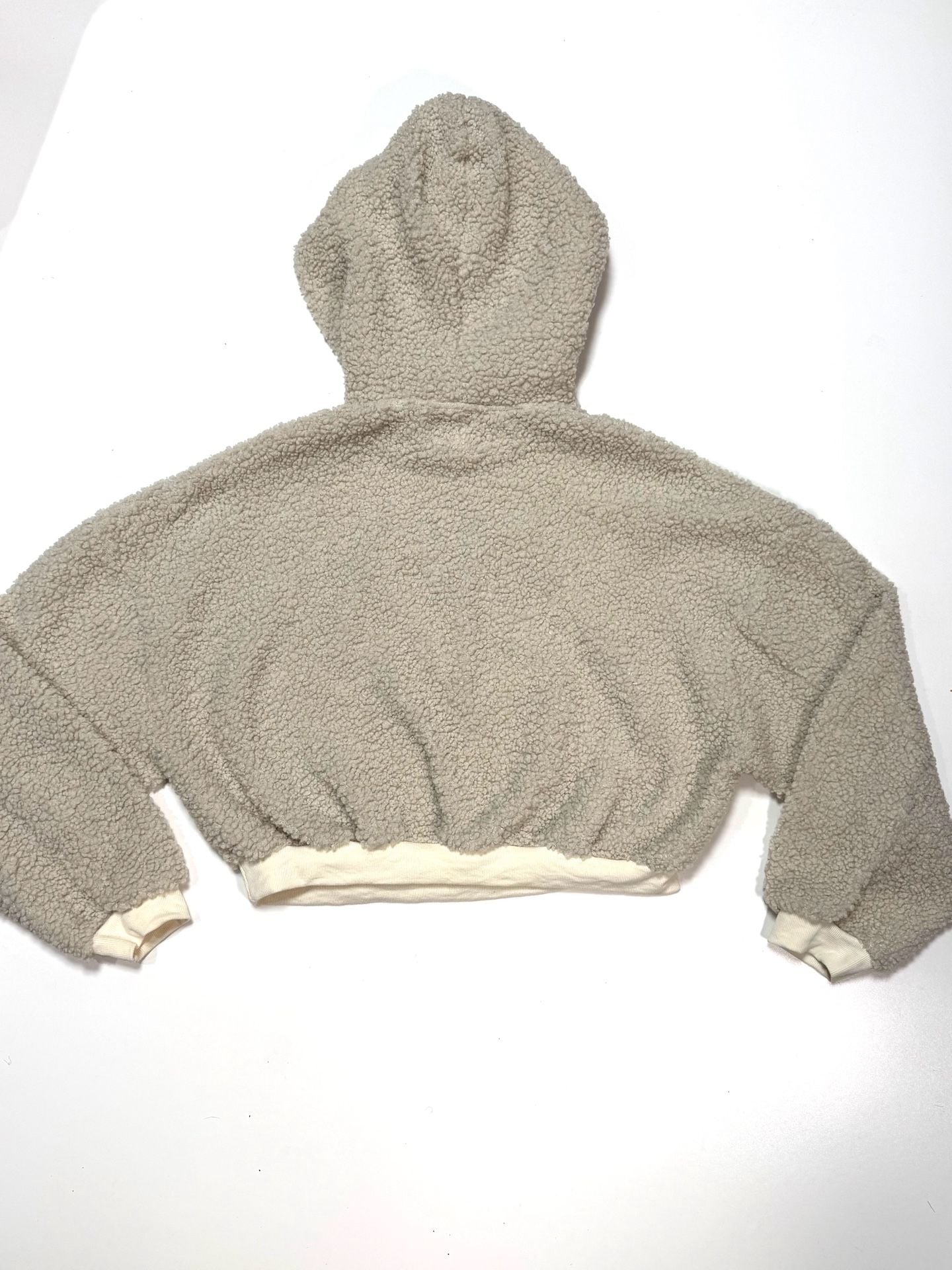 Missguided Women's Hoodie M Varsity Gorpcore Y2K Preppy Streetwear Cropped Sherpa Teddy Fleece Cream Olive Green 22 Patch Oversized Pullover Rib Hem Cuffs Fuzzy Cozy 3