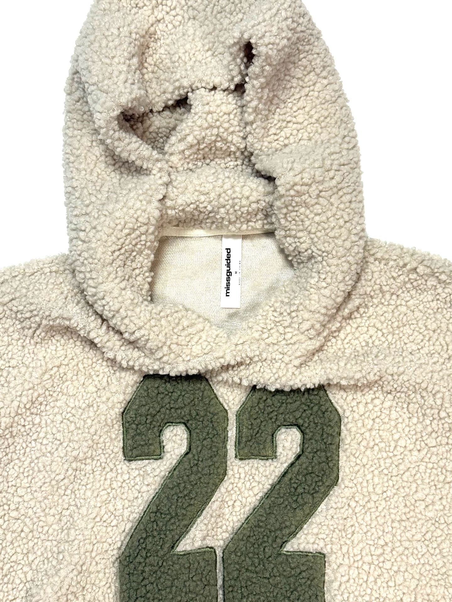 Missguided Women's Hoodie M Varsity Gorpcore Y2K Preppy Streetwear Cropped Sherpa Teddy Fleece Cream Olive Green 22 Patch Oversized Pullover Rib Hem Cuffs Fuzzy Cozy 6