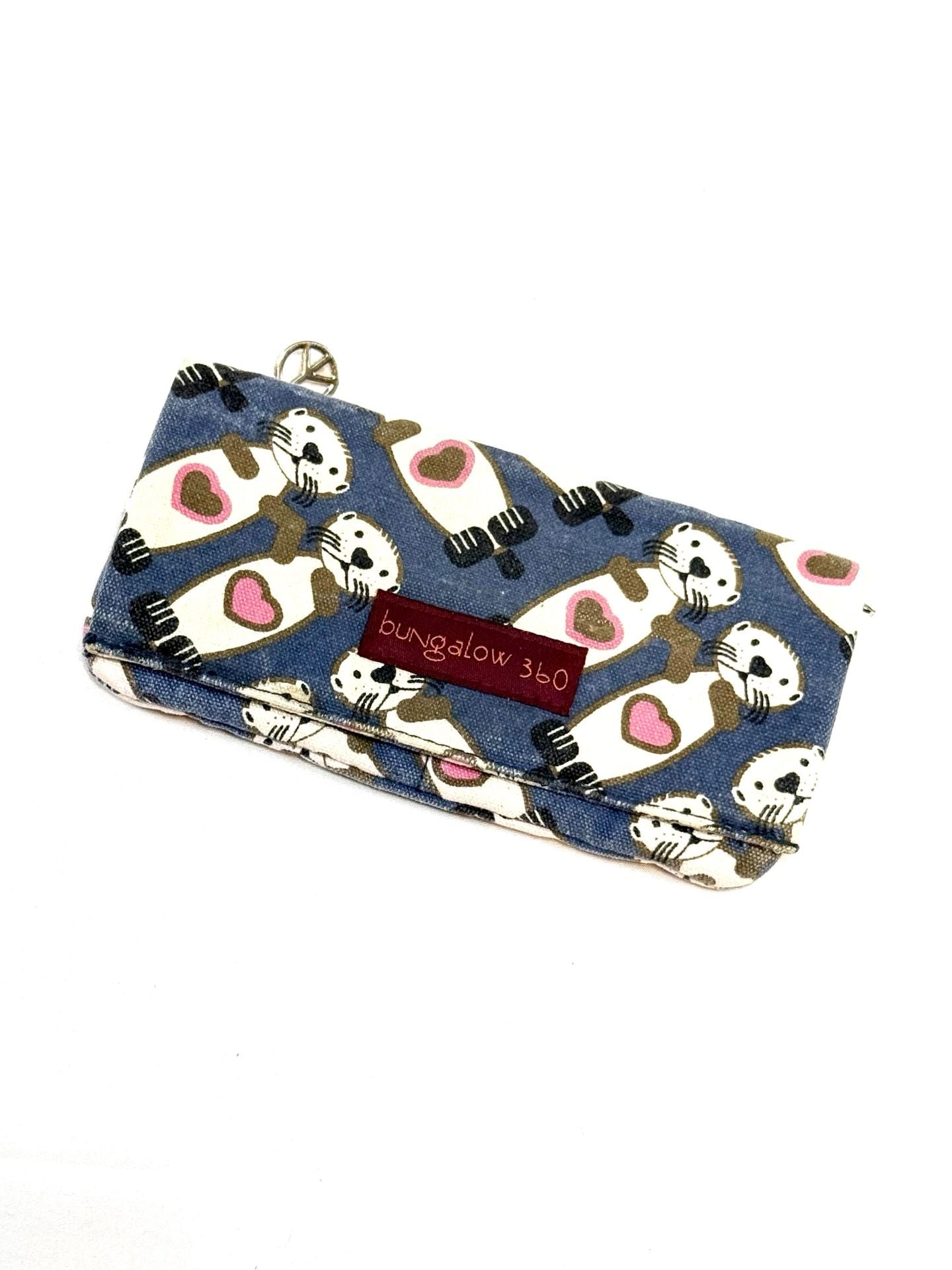 Bungalow 360 Women's Wallet Kawaii Coquette Cottagecore Whimsical Coastal Sea Otters Pink Hearts Blue Canvas Envelope Clutch Zip Coin Pocket Peace Sign Pull Polka Dot Lining Velcro 2