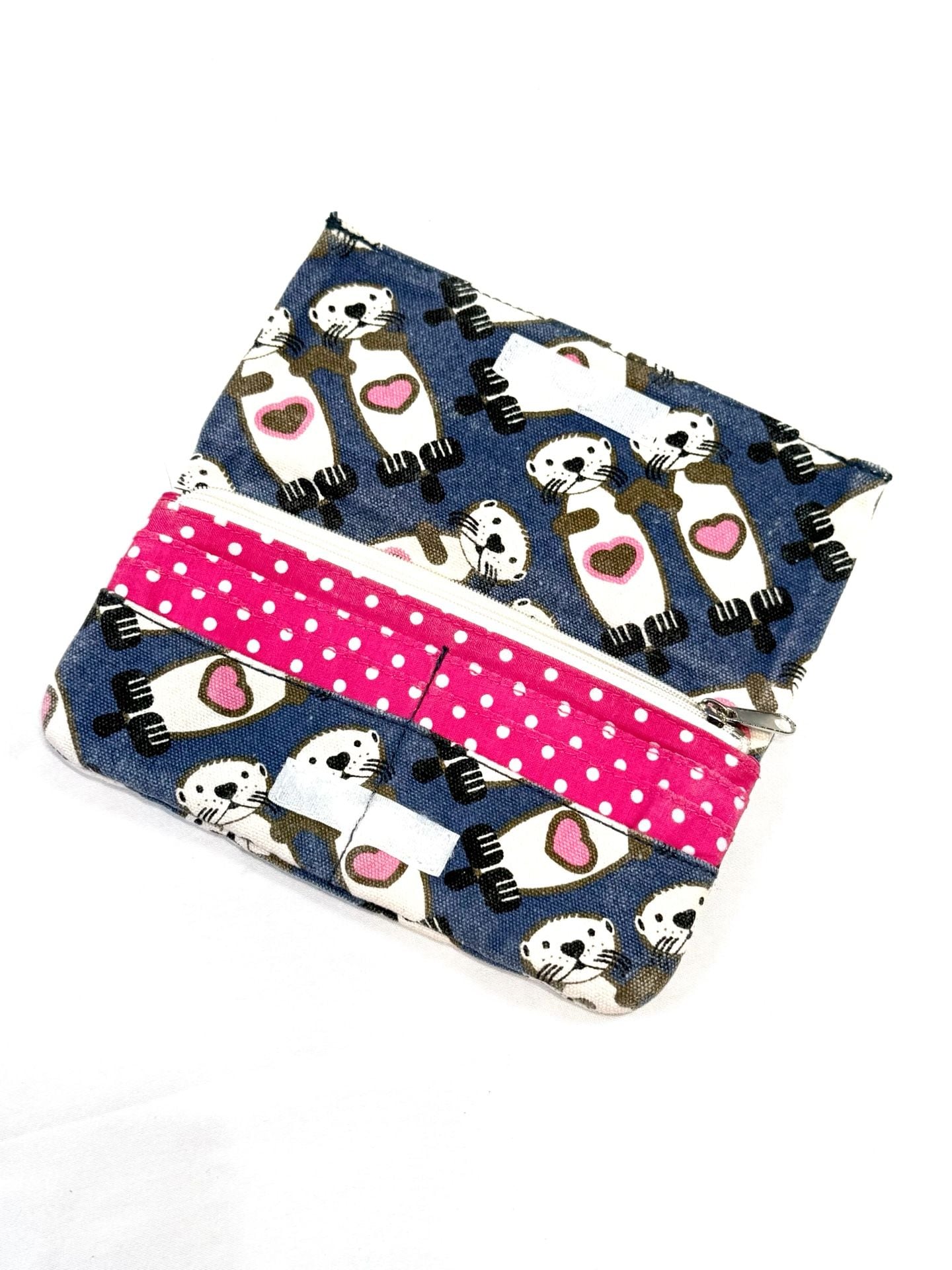 Bungalow 360 Women's Wallet Kawaii Coquette Cottagecore Whimsical Coastal Sea Otters Pink Hearts Blue Canvas Envelope Clutch Zip Coin Pocket Peace Sign Pull Polka Dot Lining Velcro 3