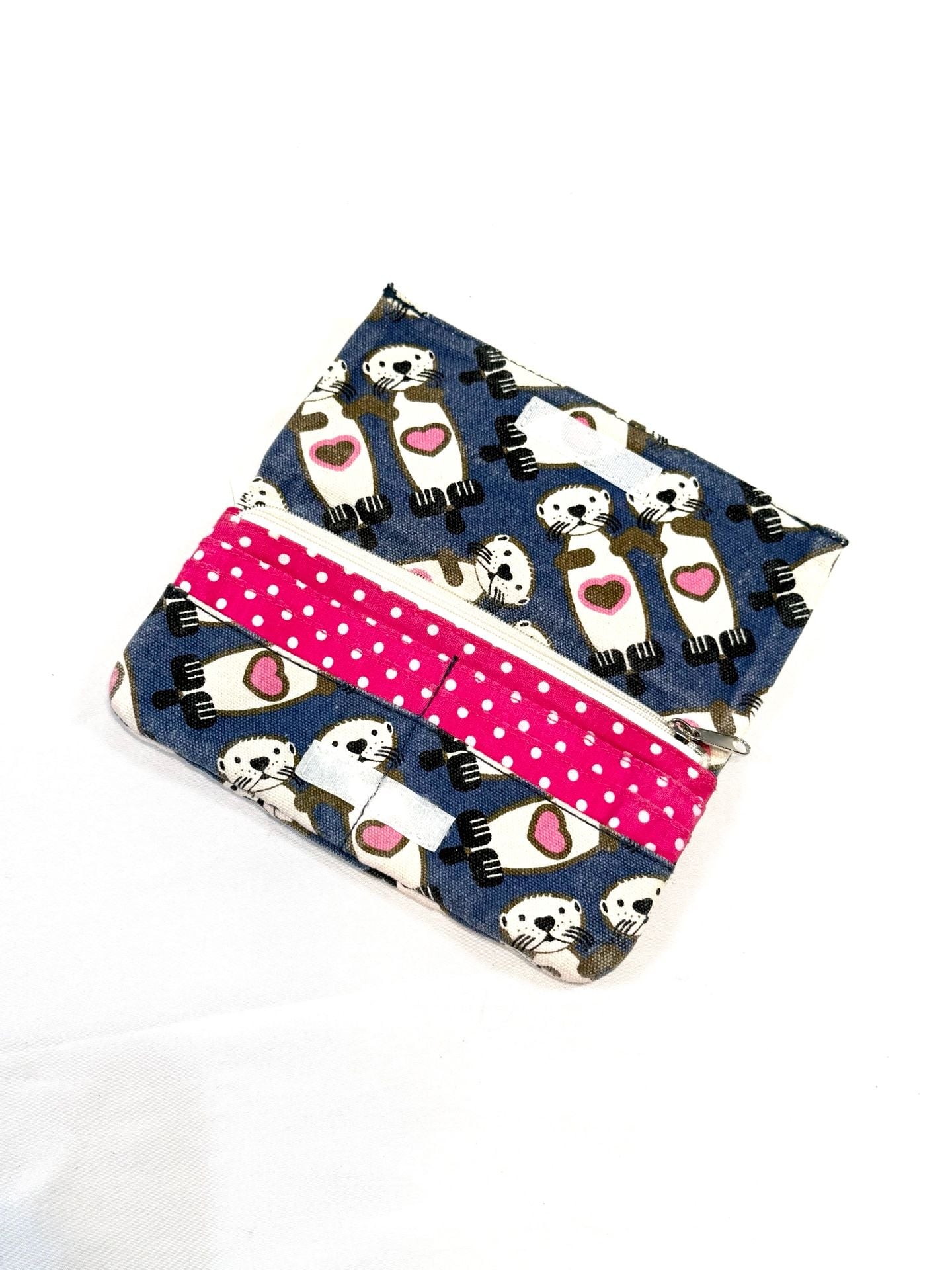 Bungalow 360 Women's Wallet Kawaii Coquette Cottagecore Whimsical Coastal Sea Otters Pink Hearts Blue Canvas Envelope Clutch Zip Coin Pocket Peace Sign Pull Polka Dot Lining Velcro 4