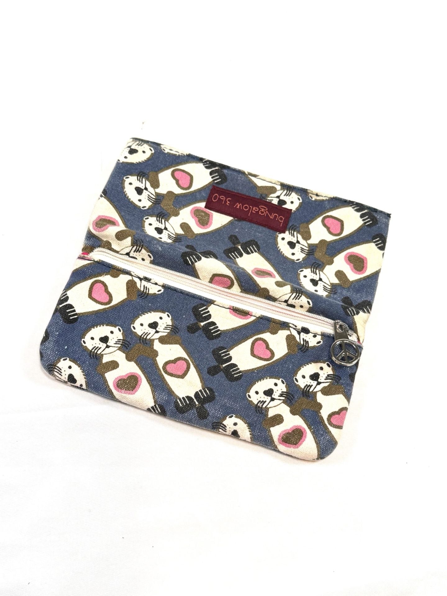 Bungalow 360 Women's Wallet Kawaii Coquette Cottagecore Whimsical Coastal Sea Otters Pink Hearts Blue Canvas Envelope Clutch Zip Coin Pocket Peace Sign Pull Polka Dot Lining Velcro 5
