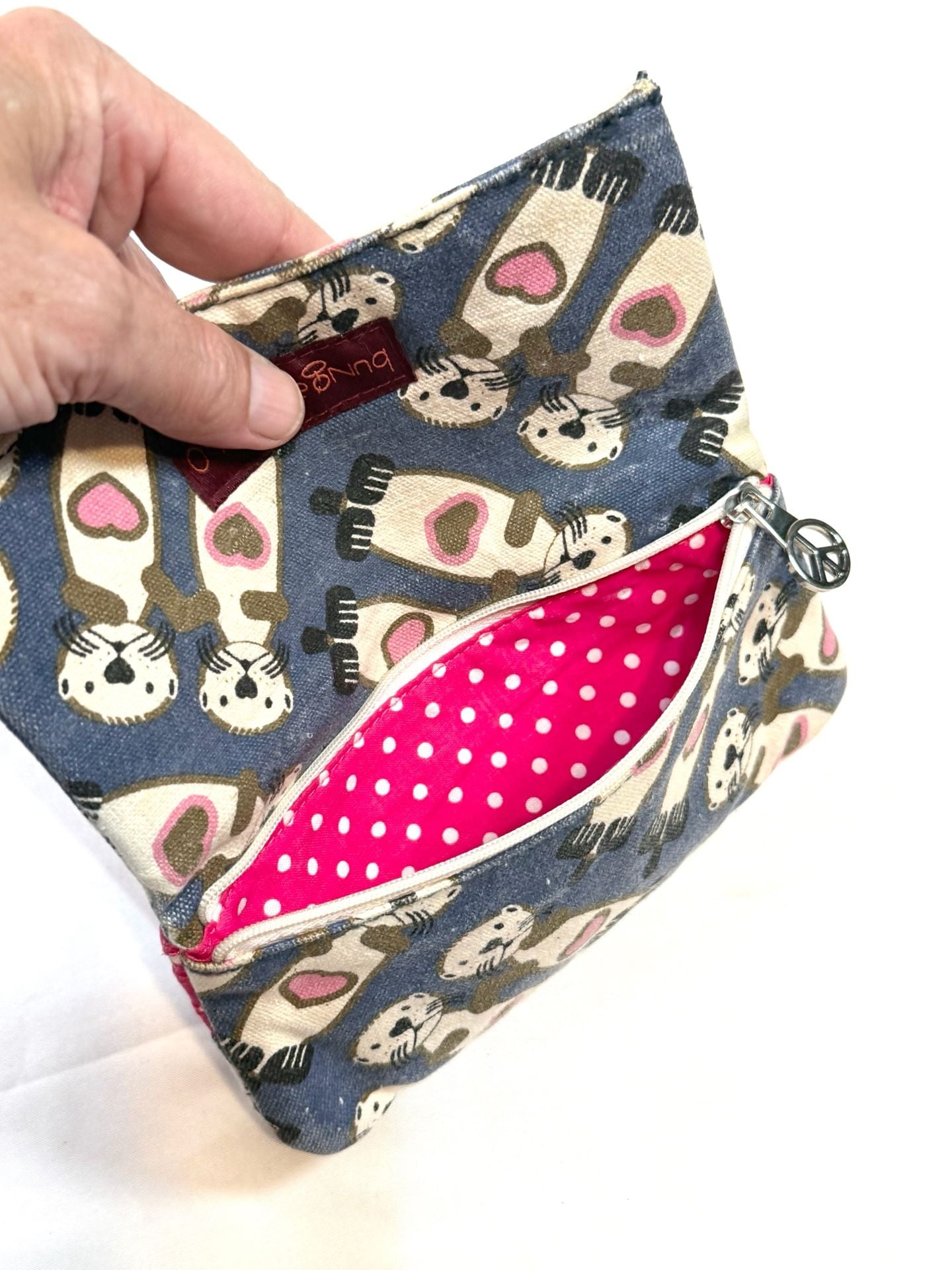 Bungalow 360 Women's Wallet Kawaii Coquette Cottagecore Whimsical Coastal Sea Otters Pink Hearts Blue Canvas Envelope Clutch Zip Coin Pocket Peace Sign Pull Polka Dot Lining Velcro 6