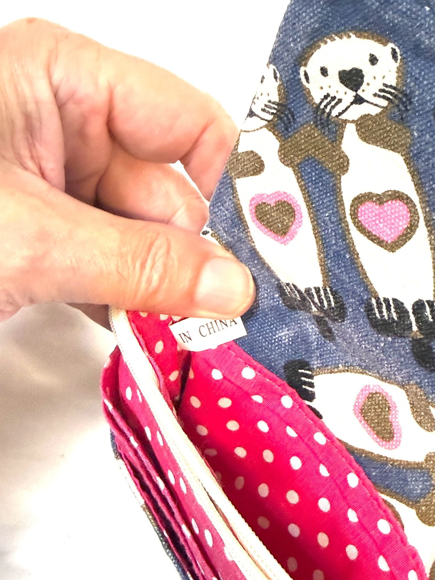 Bungalow 360 Women's Wallet Kawaii Coquette Cottagecore Whimsical Coastal Sea Otters Pink Hearts Blue Canvas Envelope Clutch Zip Coin Pocket Peace Sign Pull Polka Dot Lining Velcro 7