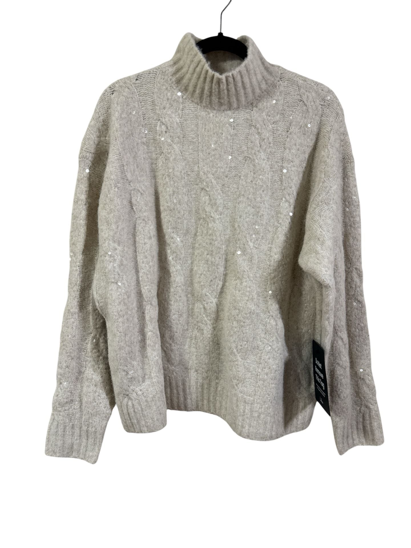 NWT Lulus Mock Neck Sweater Size M Beige Cable Knit Sequin Pullover 2