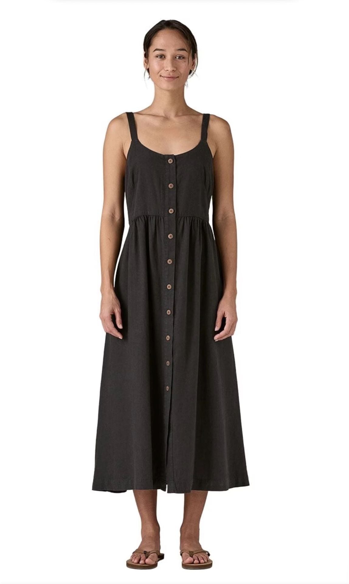 Patagonia Garden Island Dress Size L Black Midi Button Front Minimalist Granola 2