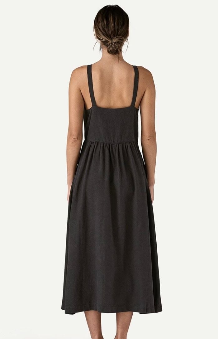 Patagonia Garden Island Dress Size L Black Midi Button Front Minimalist Granola 3