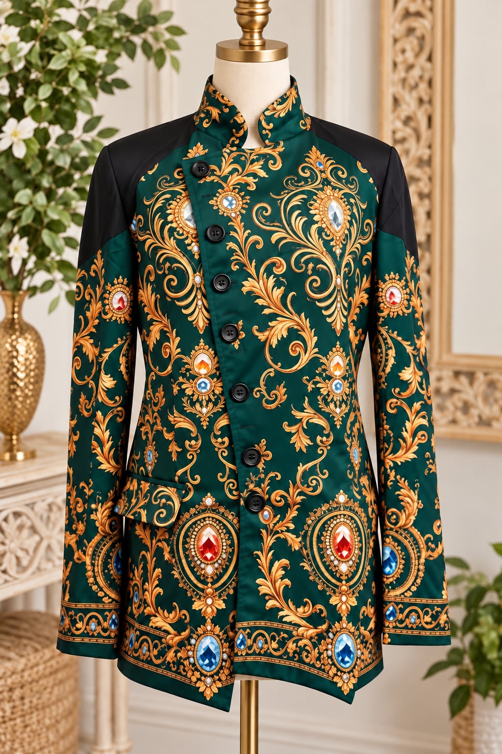 Baroque Print Mandarin Collar Blazer Green Gold Jacket 2