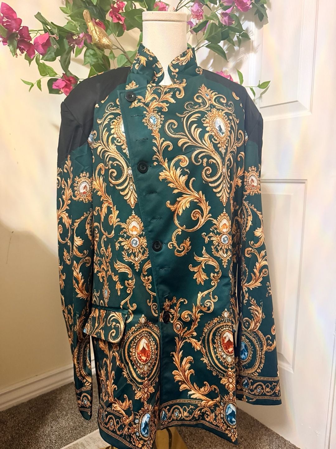 Baroque Print Mandarin Collar Blazer Green Gold Jacket 3