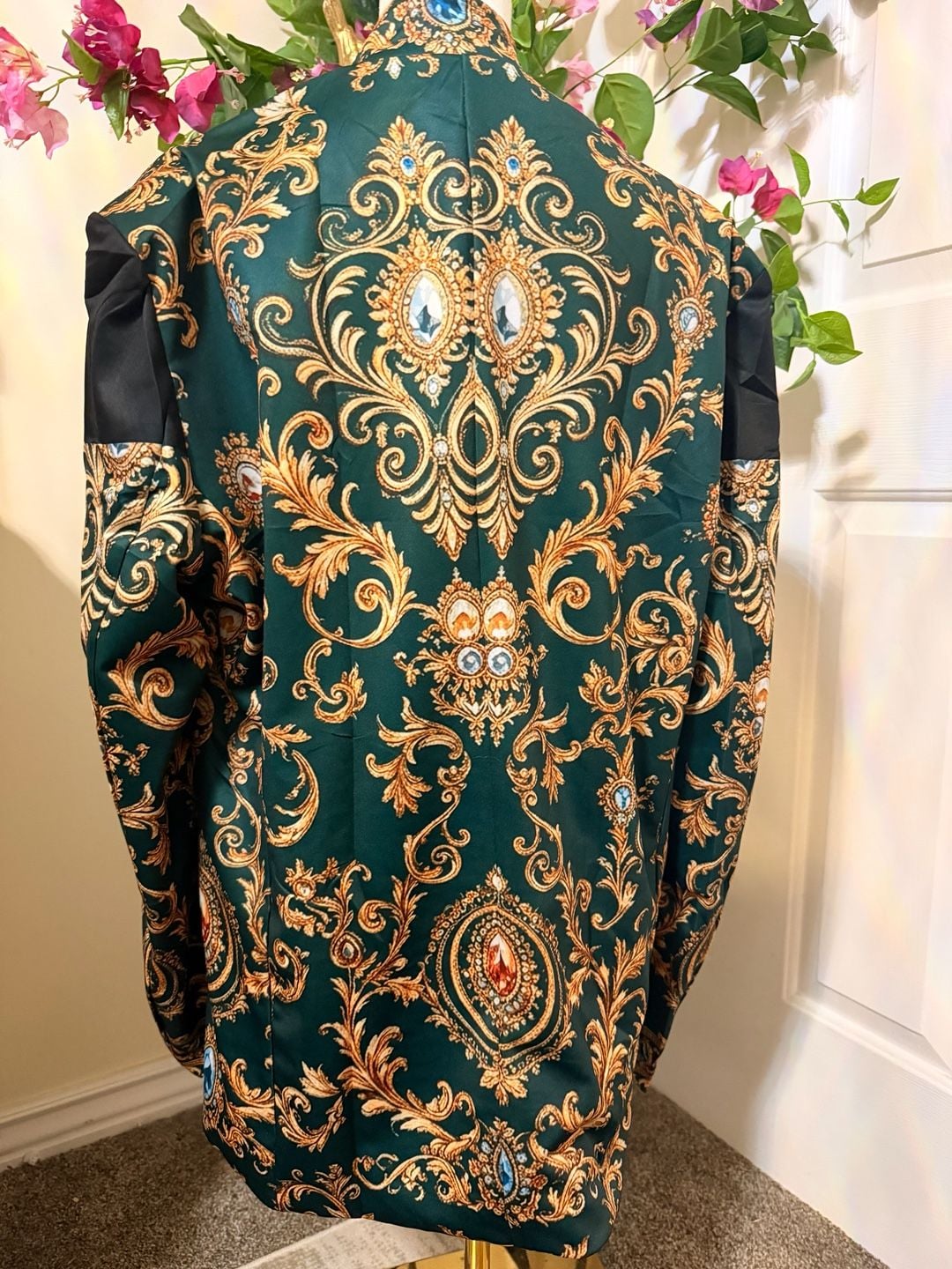 Baroque Print Mandarin Collar Blazer Green Gold Jacket 4