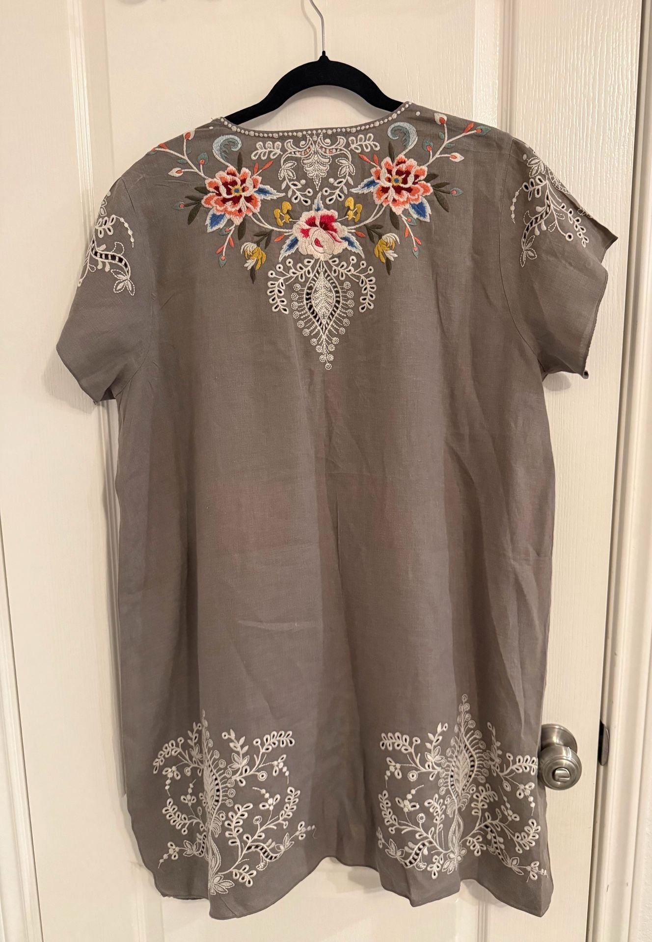 Johnny Was Embroidered Linen Tunic Dress Size L Gray Eyelet Boho Western 3