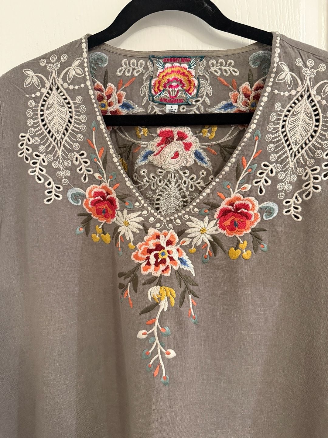 Johnny Was Embroidered Linen Tunic Dress Size L Gray Eyelet Boho Western 4