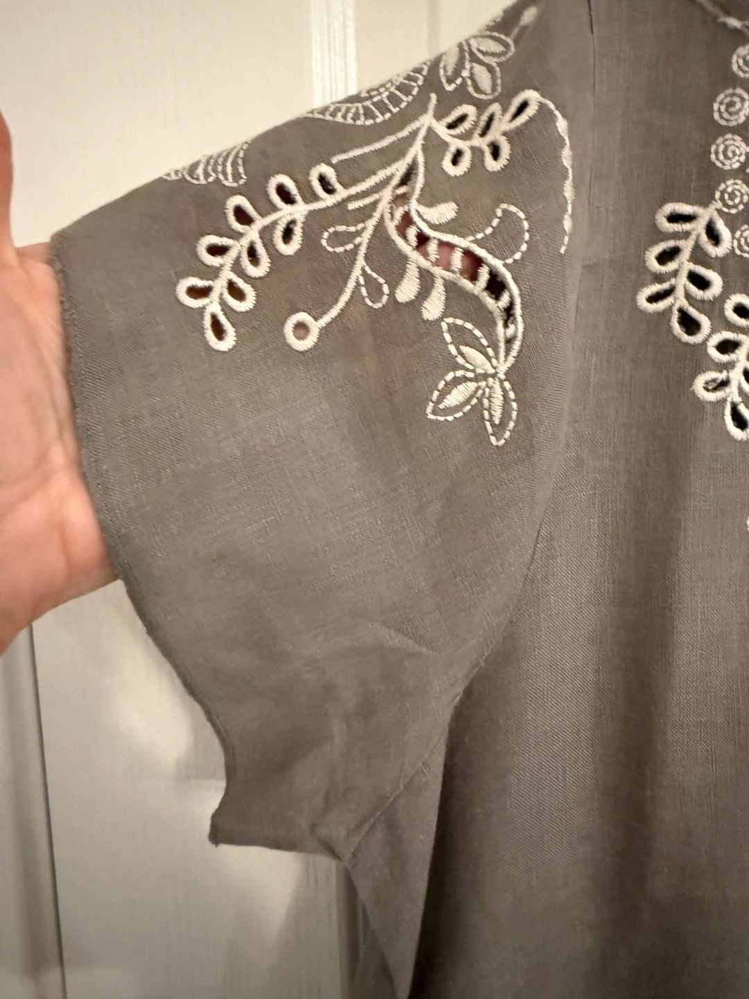Johnny Was Embroidered Linen Tunic Dress Size L Gray Eyelet Boho Western 5