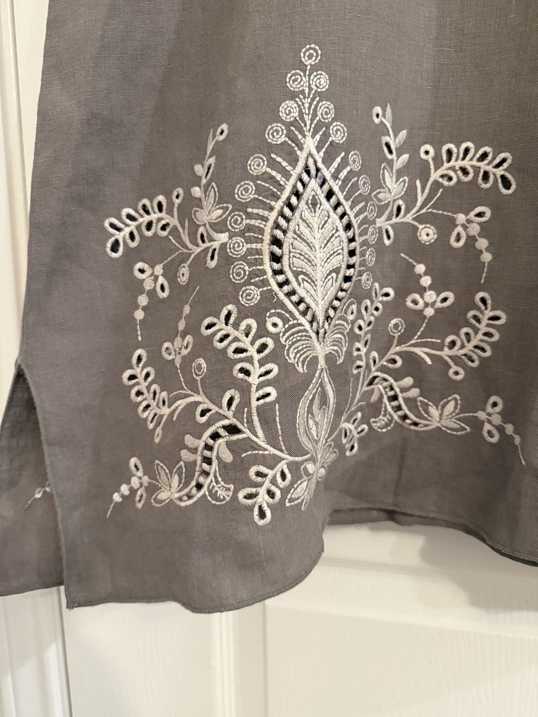 Johnny Was Embroidered Linen Tunic Dress Size L Gray Eyelet Boho Western 6
