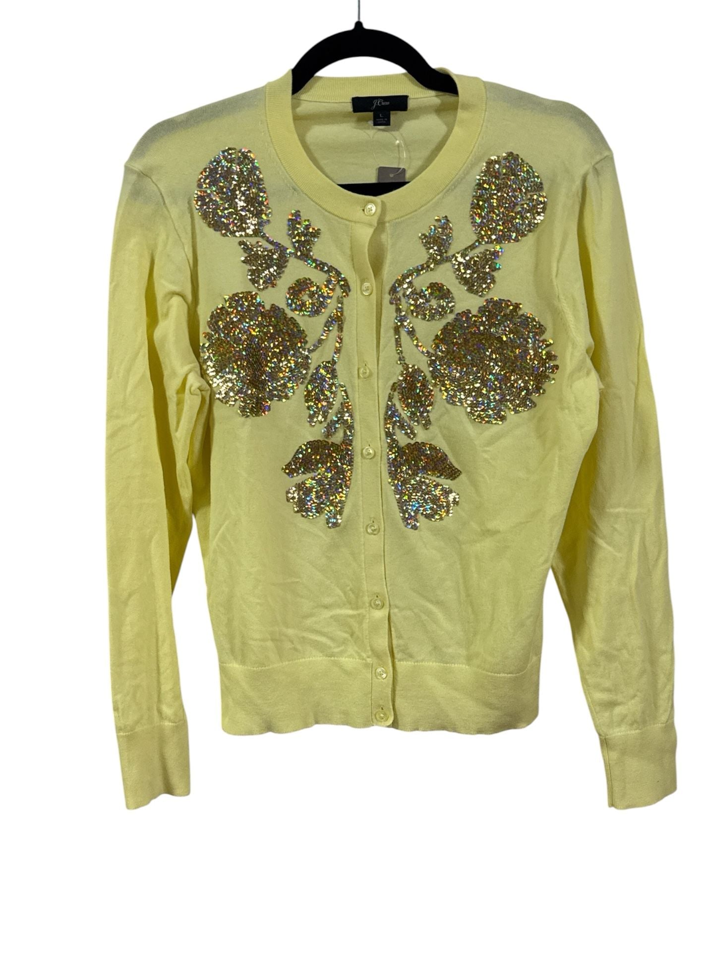 NWT J.Crew Cardigan Sweater Size L Yellow Sequin Floral Embellished New 2