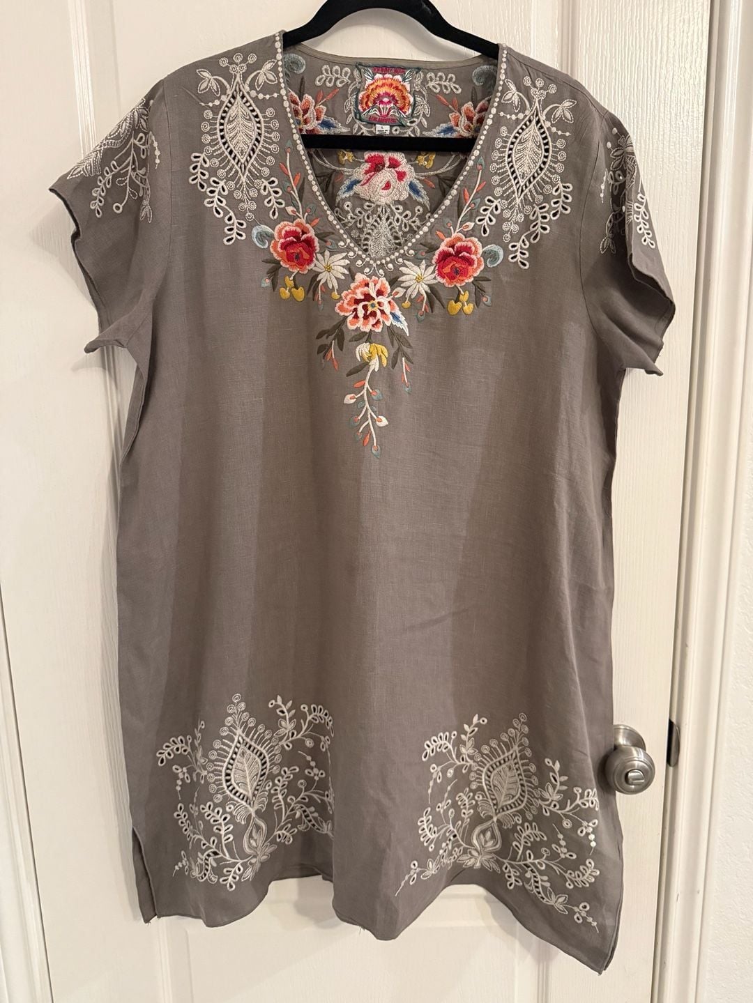 Johnny Was Embroidered Linen Tunic Dress Size L Gray Eyelet Boho Western 2