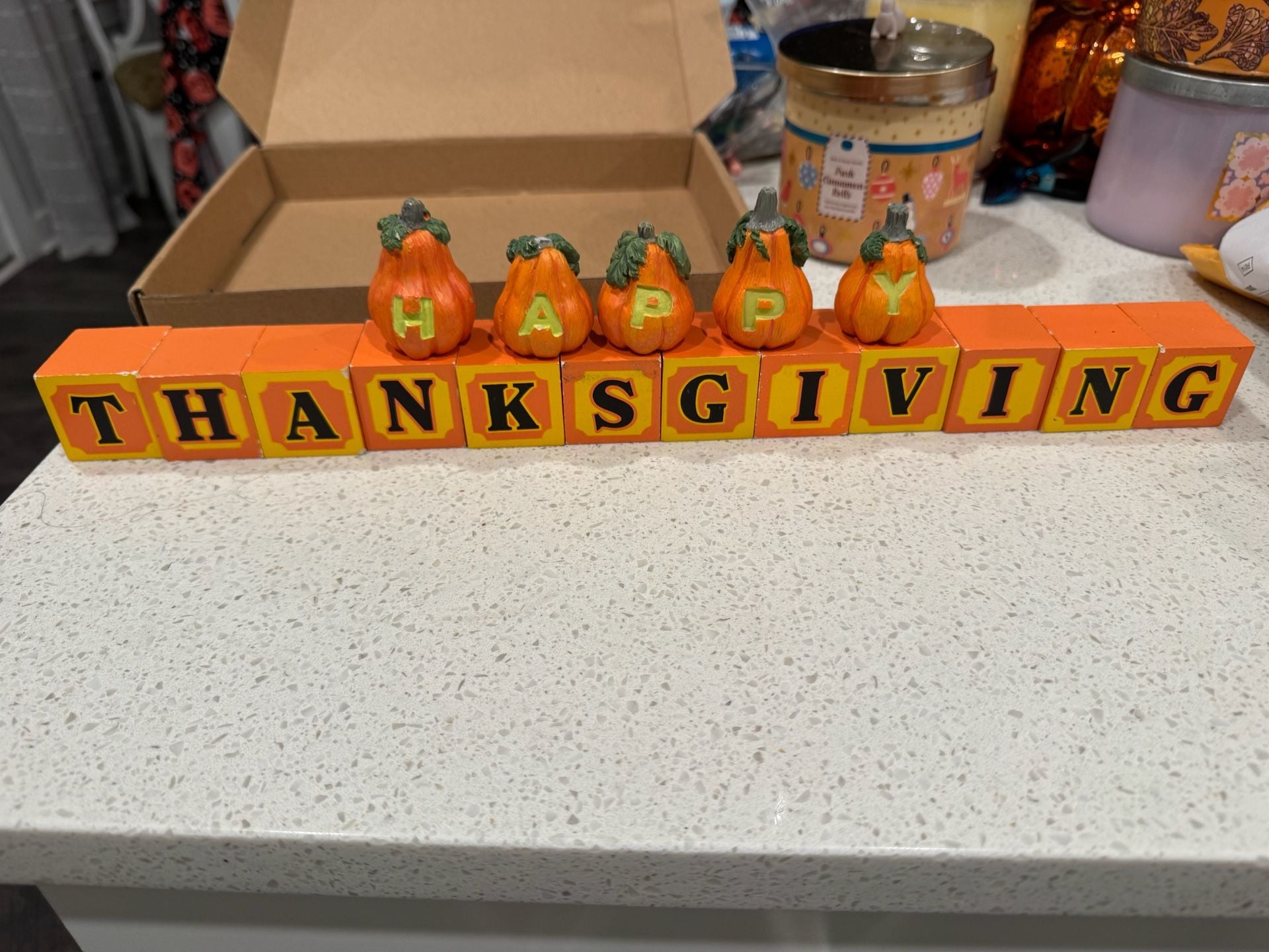 Happy Halloween/Thanksgiving Decorative Blocks with Pumpkin Figurines 5