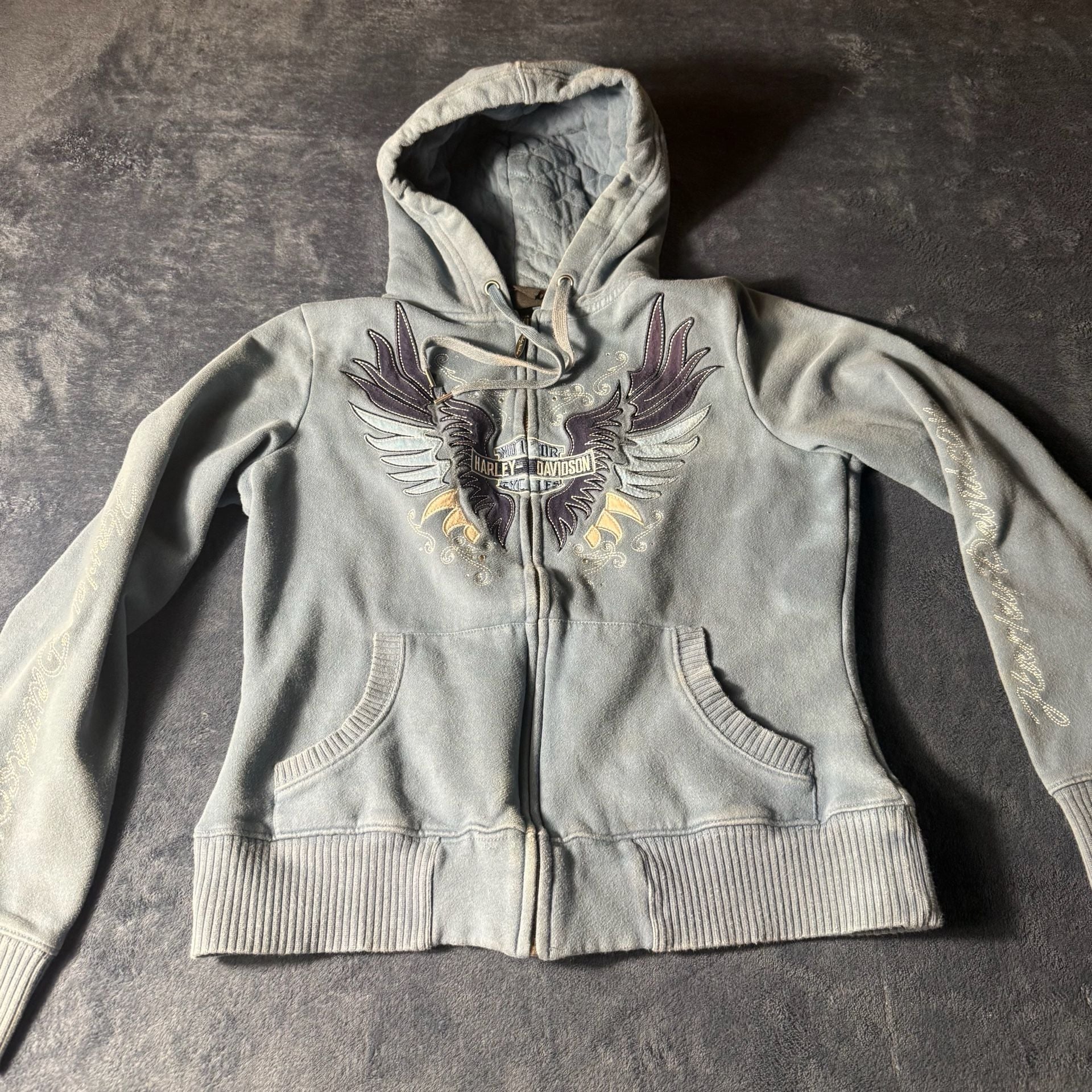 Harley Davidson Zip Up Hoodie Blue Winged Graphic 2